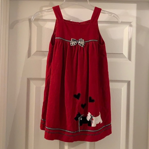 Other - Girl's Red Velveteen Dress with Cute Scottie Dogs & Plaid Trim